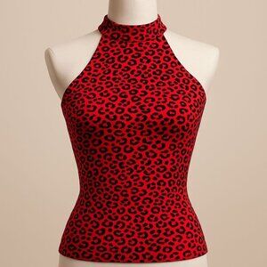 Bebe Red Leopard Halter Top S – Tie-Back Stretchy Sleeveless Y2K Glam Vintage